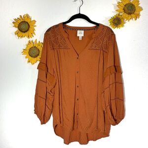 Knox Rose Rustic Puffy Ruffle Sleeve Bronze Button Blouse Size Large Women’s